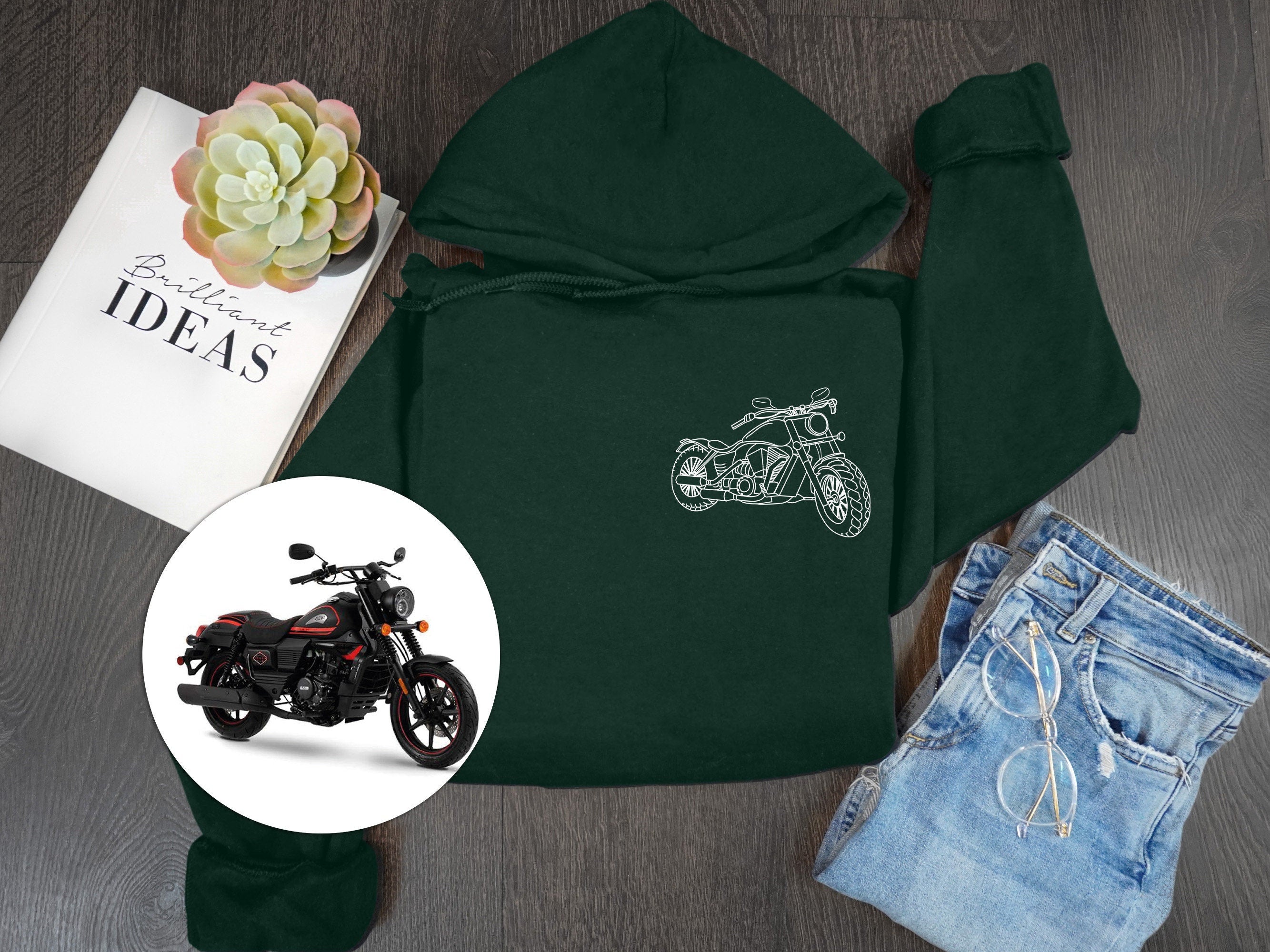 Photo Portrait Hoodie, Print Pocket Size Portrait Outline Motorcycle Hoodie, Custom Line Art Gift For Bikers-ilovevango