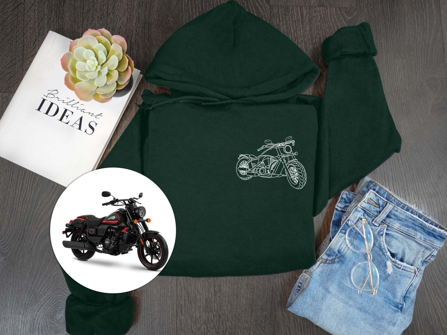 Photo Portrait Hoodie, Print Pocket Size Portrait Outline Motorcycle Hoodie, Custom Line Art Gift For Bikers-ilovevango