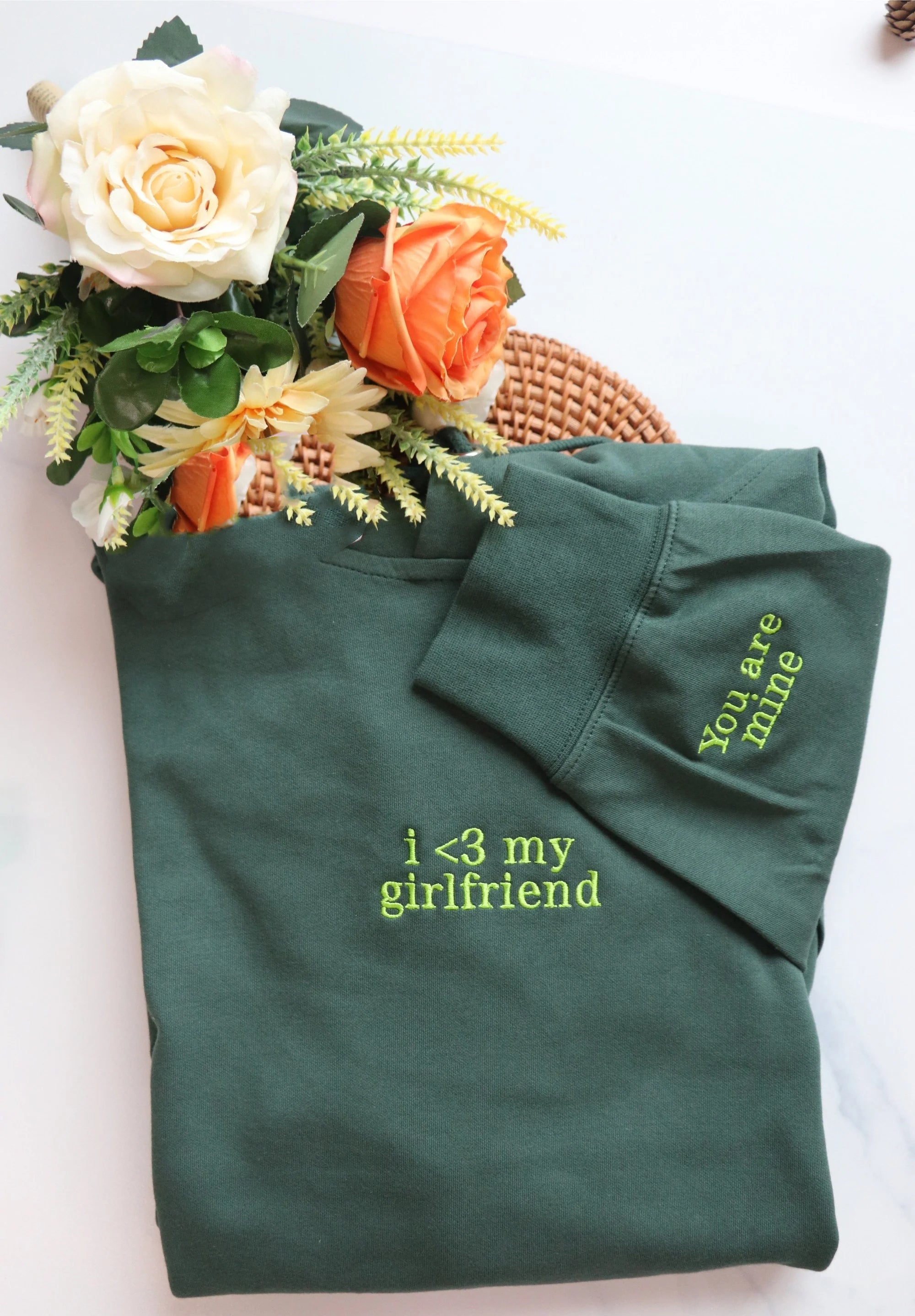 Personalized Embroidered Sweatshirt Hoodie Initial on sleeve, Couples Gifts Valentines Day Gift for Him for her Forever yours You are mine-ilovevango