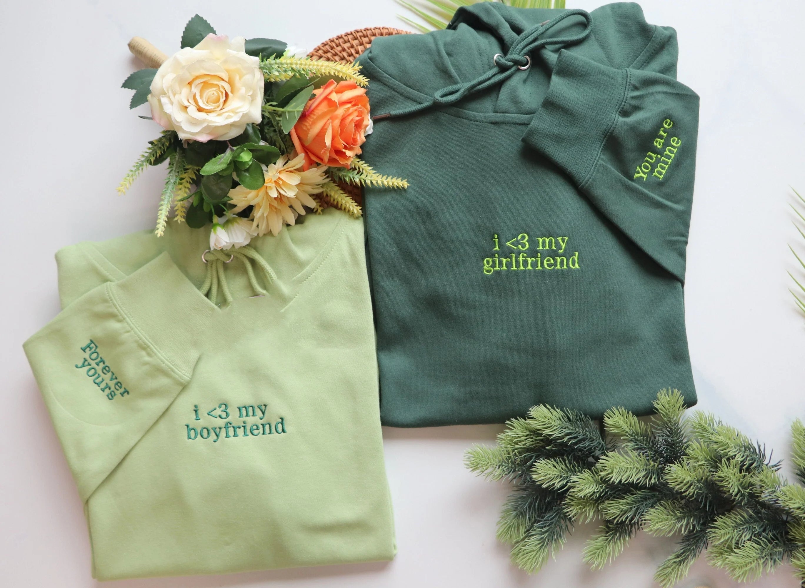 Personalized Embroidered Sweatshirt Hoodie Initial on sleeve, Couples Gifts Valentines Day Gift for Him for her Forever yours You are mine-ilovevango