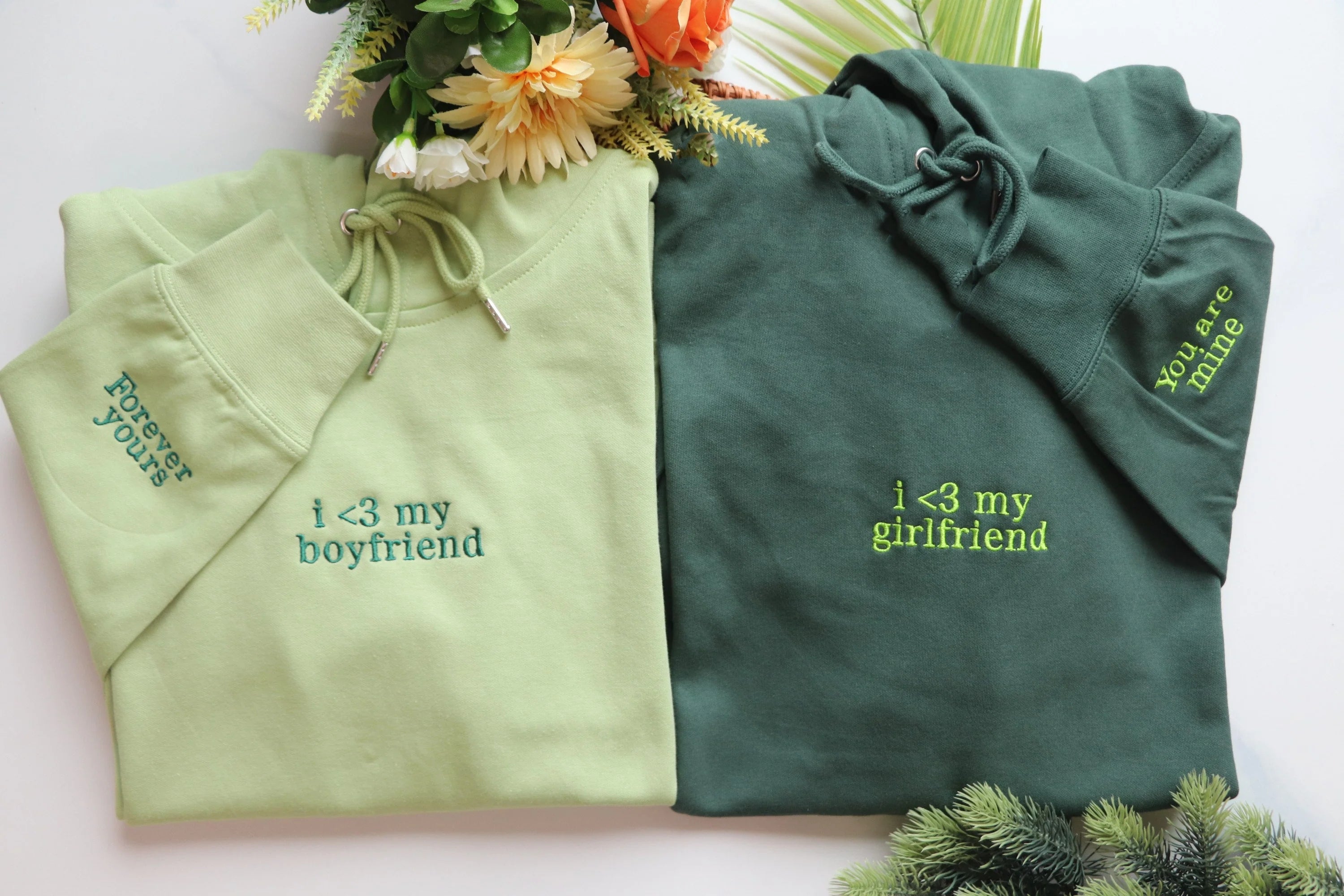 Personalized Embroidered Sweatshirt Hoodie Initial on sleeve, Couples Gifts Valentines Day Gift for Him for her Forever yours You are mine-ilovevango