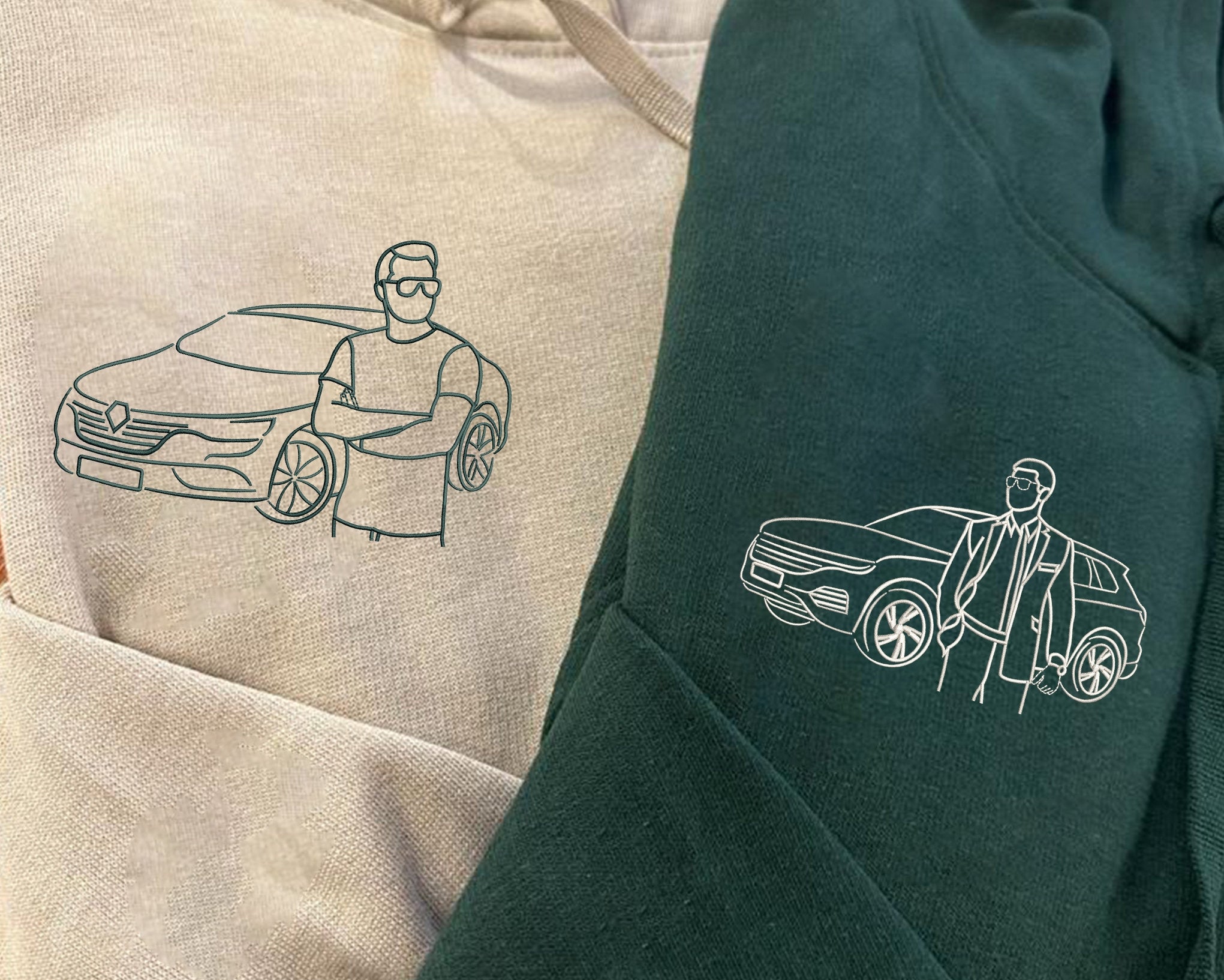 Custom Car Embroidered Photo Hoodie, Outline Car Portrait from Photo Jumper, Personalised Sketch Couples Hoody, Memorial Car Lover Guy Gift-ilovevango
