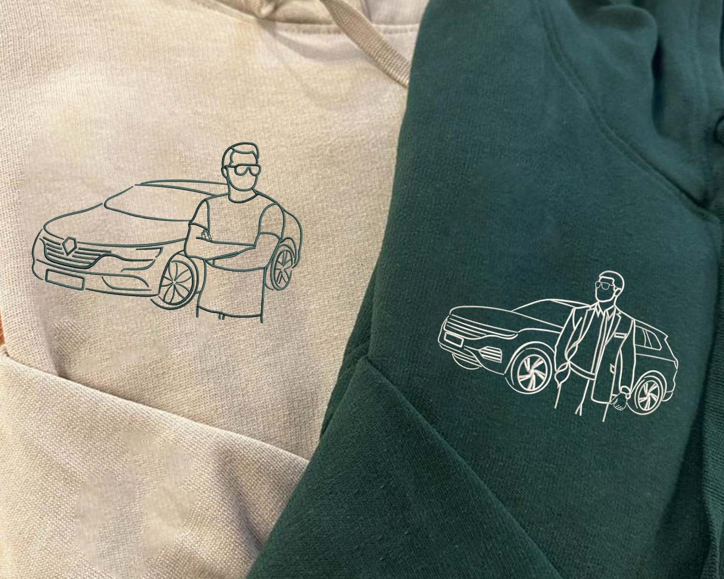 Custom Car Embroidered Photo Hoodie, Outline Car Portrait from Photo Jumper, Personalised Sketch Couples Hoody, Memorial Car Lover Guy Gift-ilovevango