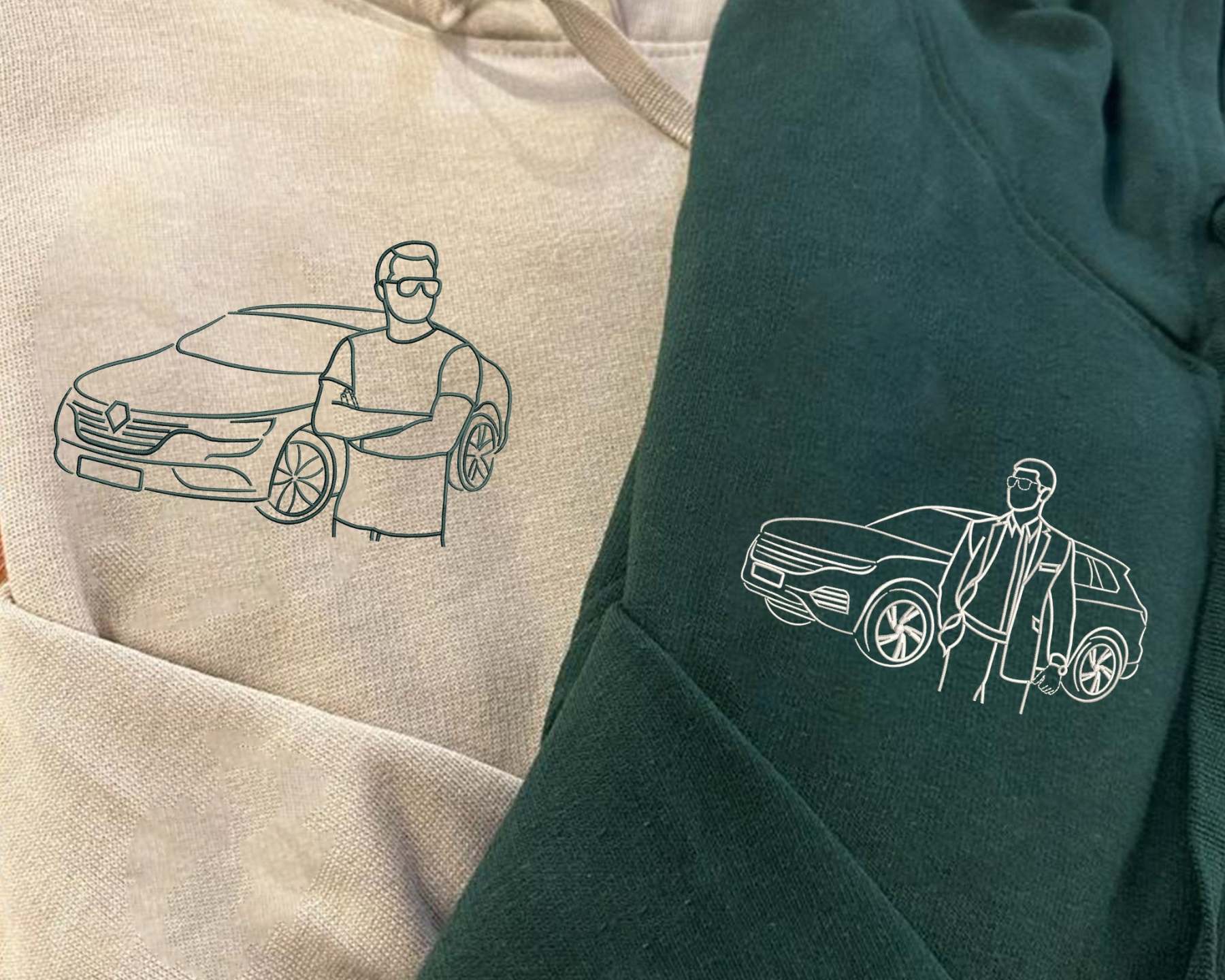 Custom Car Embroidered Photo Hoodie, Outline Car Portrait from Photo Jumper, Personalised Sketch Couples Hoody, Memorial Car Lover Guy Gift-ilovevango