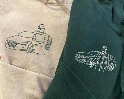 Custom Car Embroidered Photo Hoodie, Outline Car Portrait from Photo Jumper, Personalised Sketch Couples Hoody, Memorial Car Lover Guy Gift-ilovevango