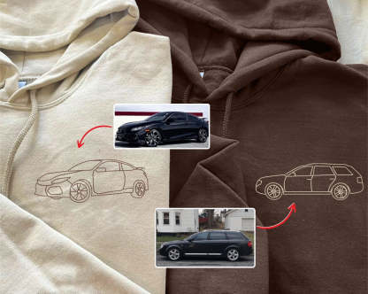 Custom Car Embroidered Photo Hoodie, Outline Car Portrait from Photo Jumper, Personalised Sketch Couples Hoody, Memorial Car Lover Guy Gift-ilovevango