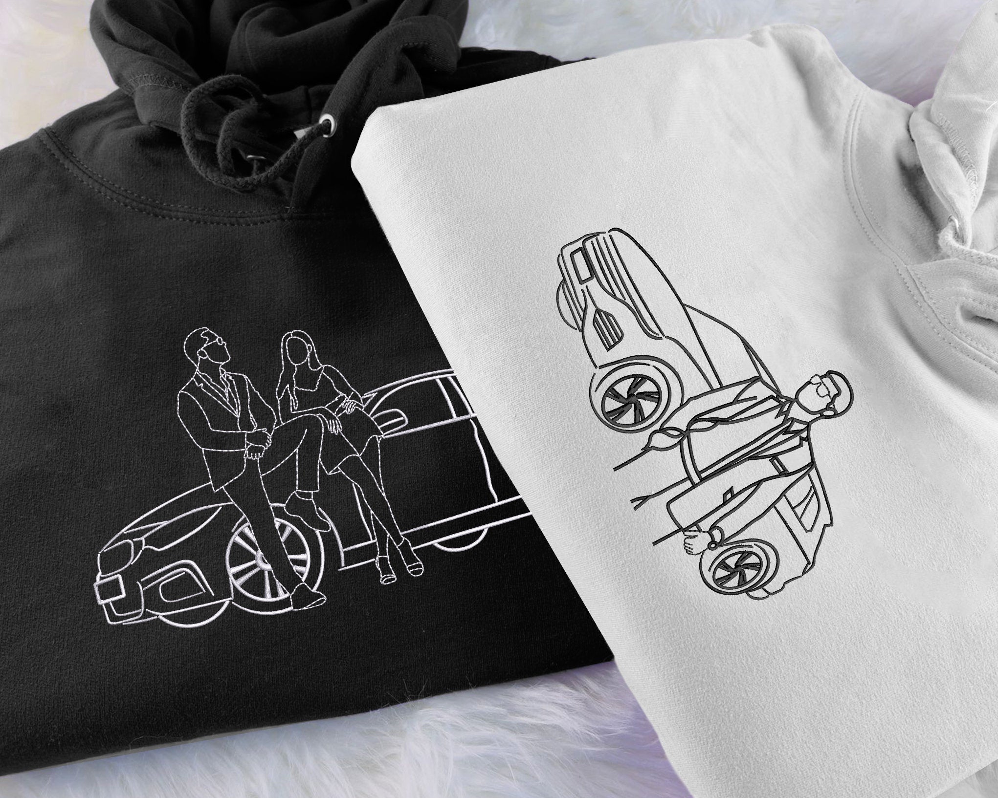 Custom Car Embroidered Photo Hoodie, Outline Car Portrait from Photo Jumper, Personalised Sketch Couples Hoody, Memorial Car Lover Guy Gift-ilovevango