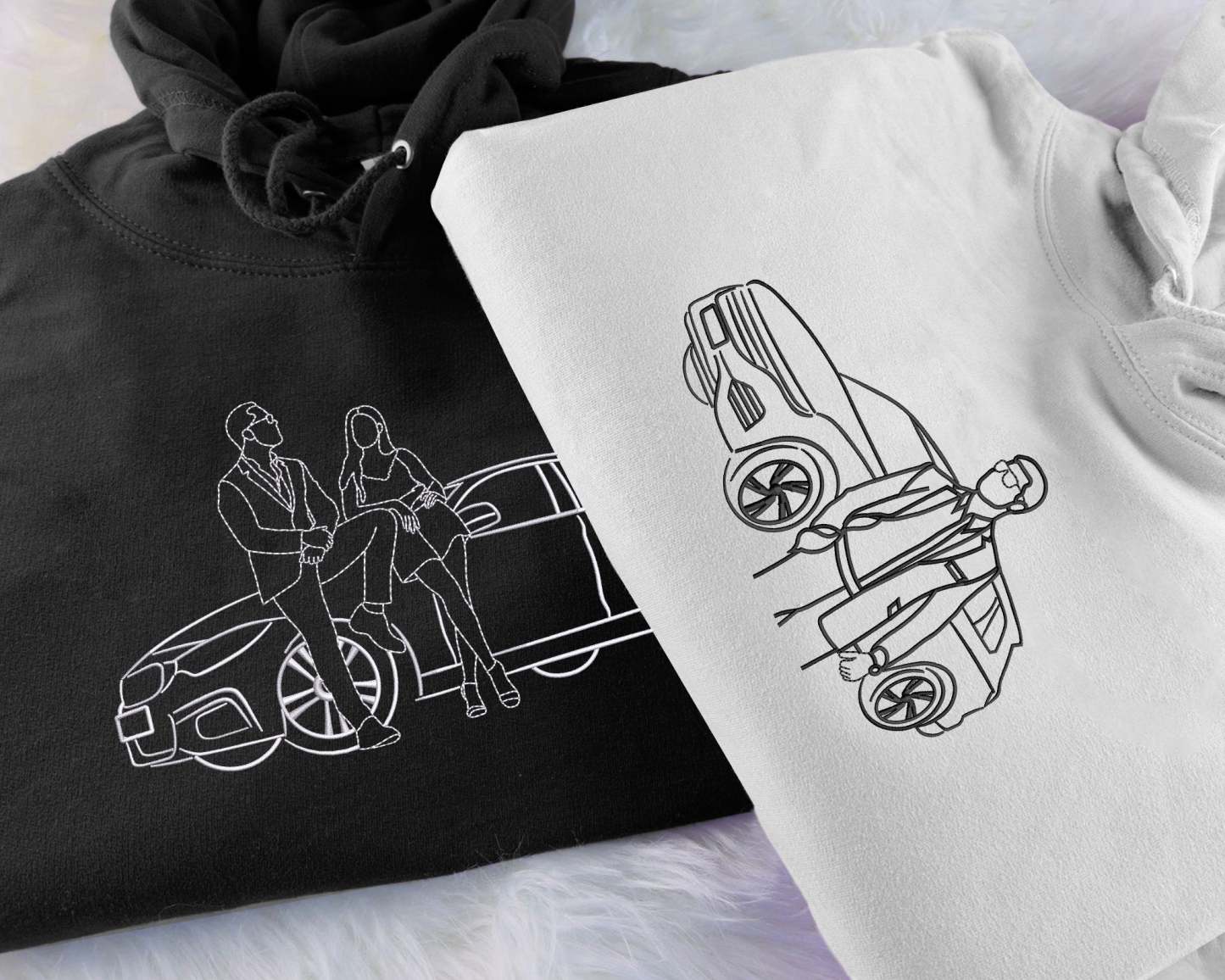 Custom Car Embroidered Photo Hoodie, Outline Car Portrait from Photo Jumper, Personalised Sketch Couples Hoody, Memorial Car Lover Guy Gift-ilovevango