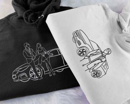 Custom Car Embroidered Photo Hoodie, Outline Car Portrait from Photo Jumper, Personalised Sketch Couples Hoody, Memorial Car Lover Guy Gift-ilovevango