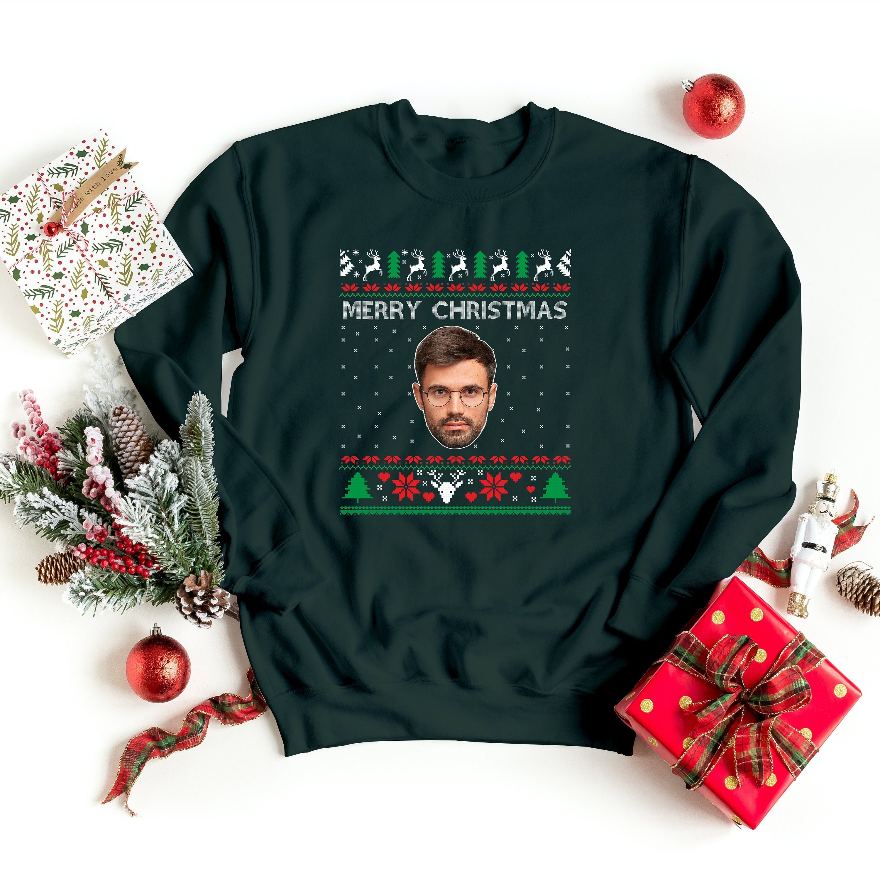 Custom Photo Ugly Christmas Sweater, Couple Matching Xmas Jumper, Dog Face Funny Sweatshirt, Dog Lover Personalised Jumper, Pet Lover Gift-ilovevango