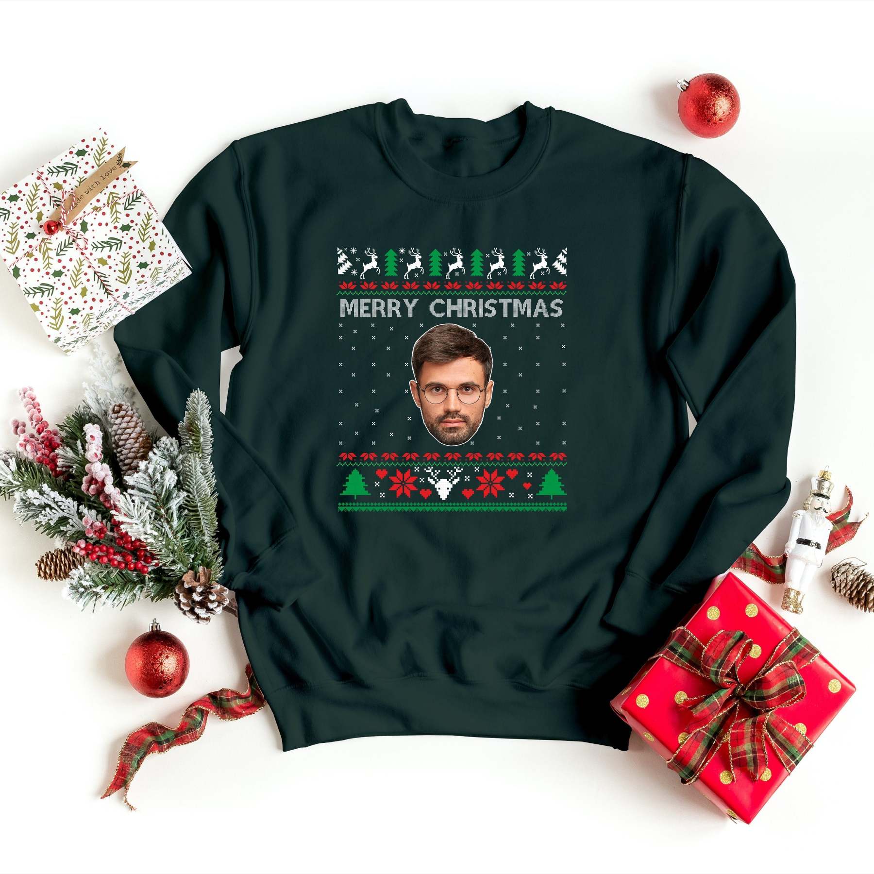 Custom Photo Ugly Christmas Sweater, Couple Matching Xmas Jumper, Dog Face Funny Sweatshirt, Dog Lover Personalised Jumper, Pet Lover Gift-ilovevango