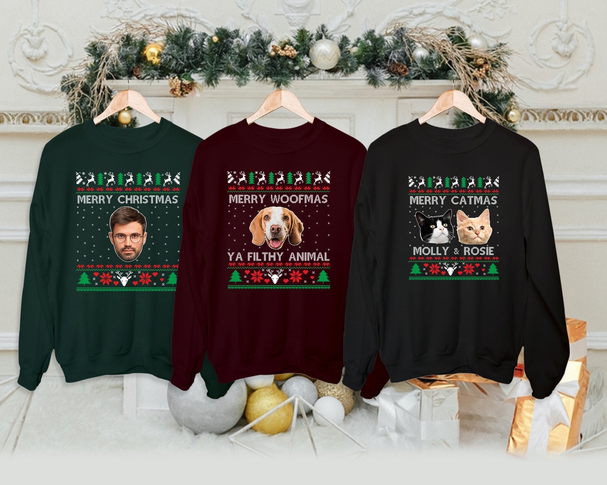 Custom Photo Ugly Christmas Sweater, Couple Matching Xmas Jumper, Dog Face Funny Sweatshirt, Dog Lover Personalised Jumper, Pet Lover Gift-ilovevango