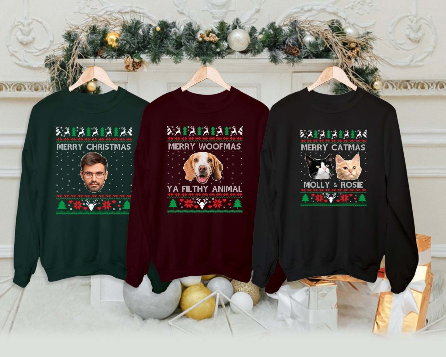 Custom Photo Ugly Christmas Sweater, Couple Matching Xmas Jumper, Dog Face Funny Sweatshirt, Dog Lover Personalised Jumper, Pet Lover Gift-ilovevango