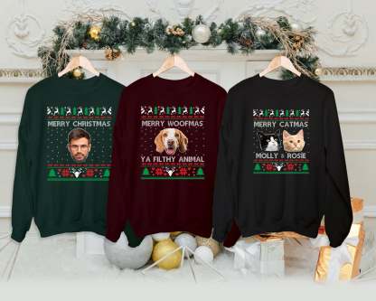 Custom Photo Ugly Christmas Sweater, Couple Matching Xmas Jumper, Dog Face Funny Sweatshirt, Dog Lover Personalised Jumper, Pet Lover Gift-ilovevango