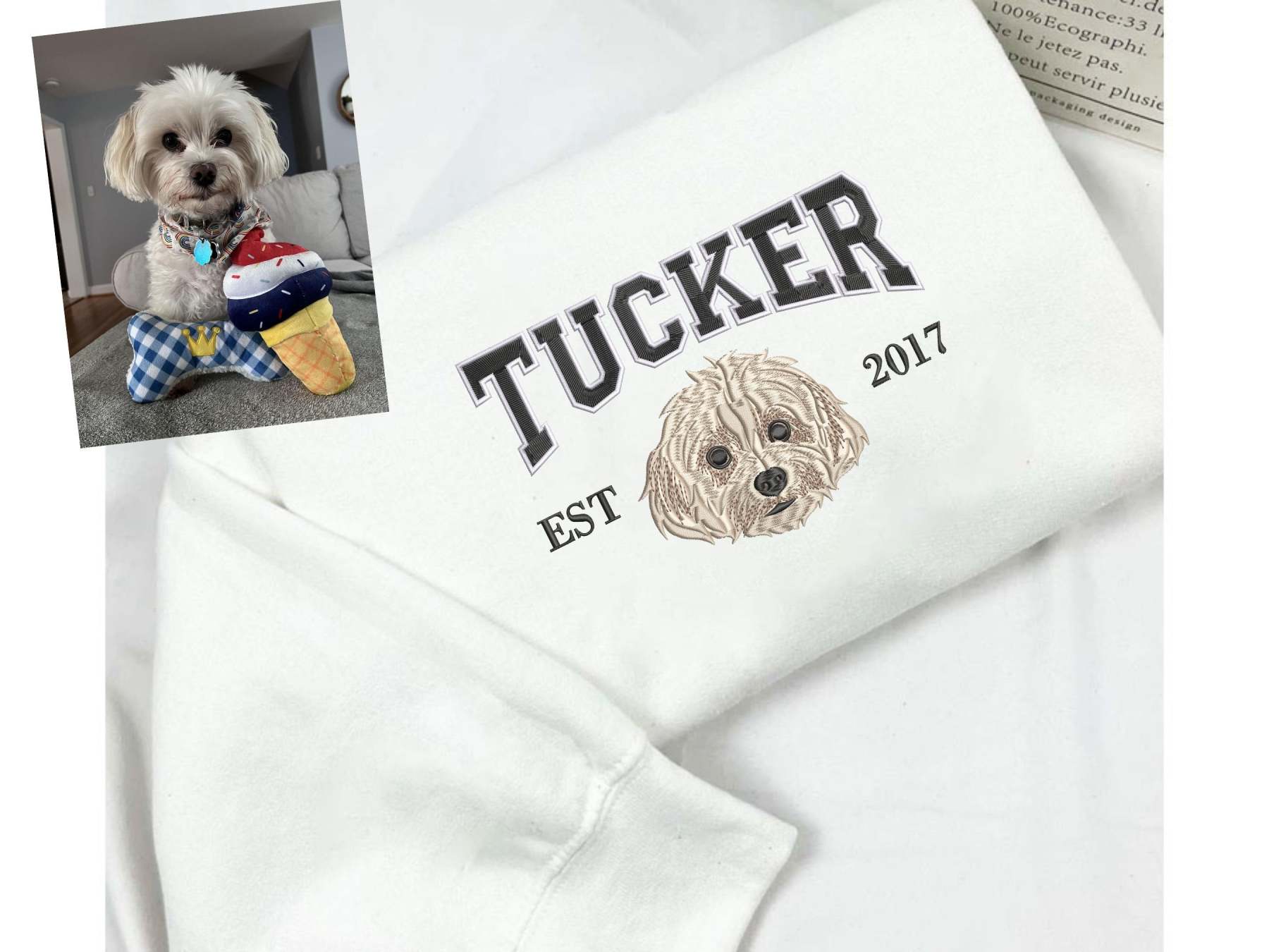 Custom Pet Embroidery Sweatshirt from Photo, Personalized Dog Embroidered Sweatshirt, Pet Face Sweatshirt, Crewneck, Tee or Hoodie-ilovevango