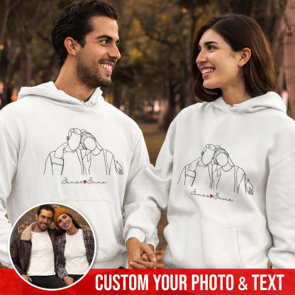 Custom Portrait From Photo Hoodie, Couple Outline Photo Sweatshirt, Custom Line Art Photo Hoodies, Couple Hoodies, Valentines Day Sweats-ilovevango