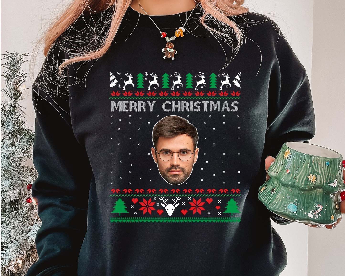Custom Photo Ugly Christmas Sweater, Couple Matching Xmas Jumper, Dog Face Funny Sweatshirt, Dog Lover Personalised Jumper, Pet Lover Gift-ilovevango