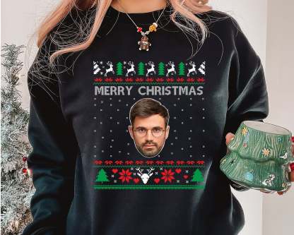 Custom Photo Ugly Christmas Sweater, Couple Matching Xmas Jumper, Dog Face Funny Sweatshirt, Dog Lover Personalised Jumper, Pet Lover Gift-ilovevango