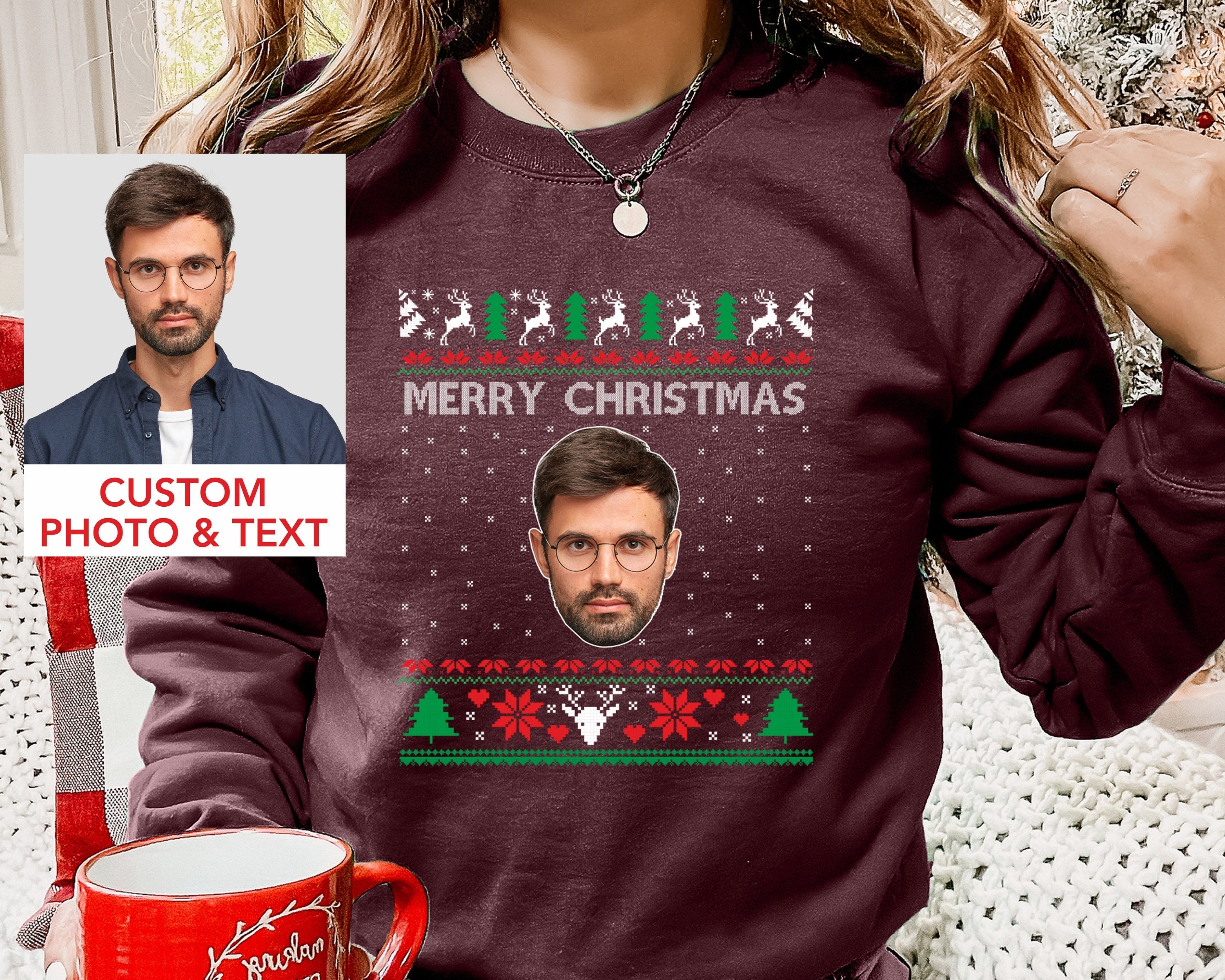 Custom Photo Ugly Christmas Sweater, Couple Matching Xmas Jumper, Dog Face Funny Sweatshirt, Dog Lover Personalised Jumper, Pet Lover Gift-ilovevango