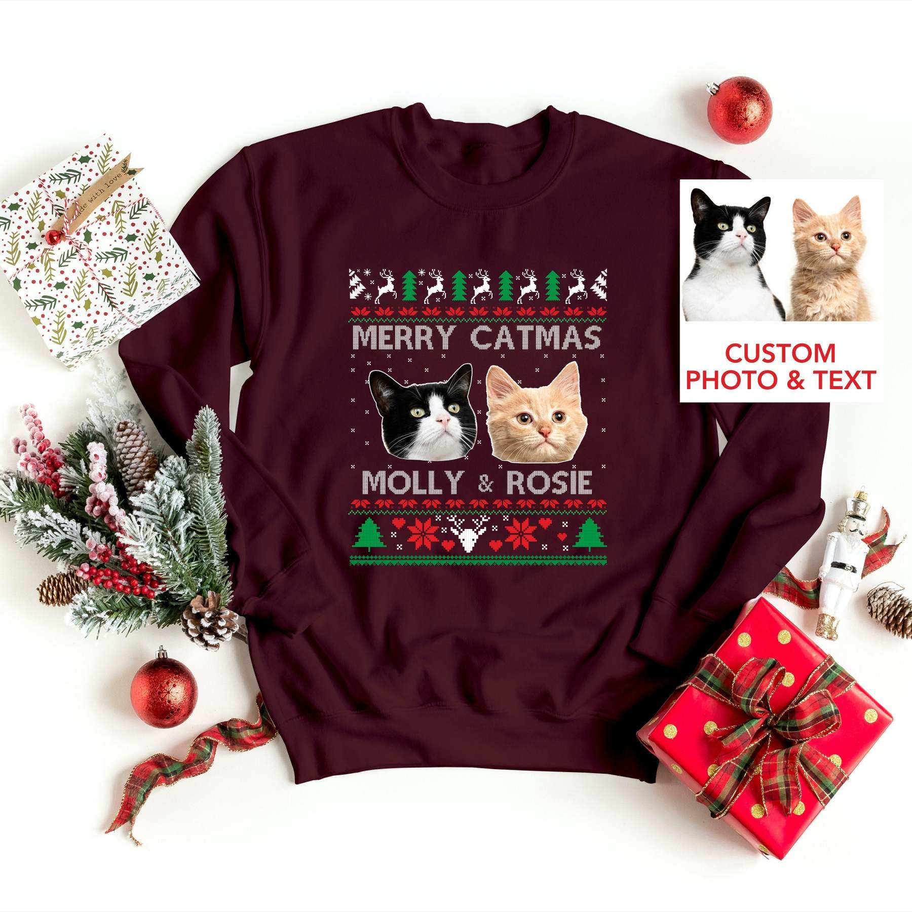 Custom Photo Ugly Christmas Sweater, Couple Matching Xmas Jumper, Dog Face Funny Sweatshirt, Dog Lover Personalised Jumper, Pet Lover Gift-ilovevango