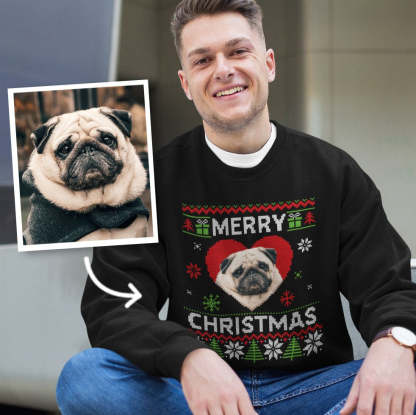 Personalised Christmas fun jumper sweater | Womens Mens Kids black crewneck sweatshirt | Add custom dog cat rabbit pet photo face picture-ilovevango