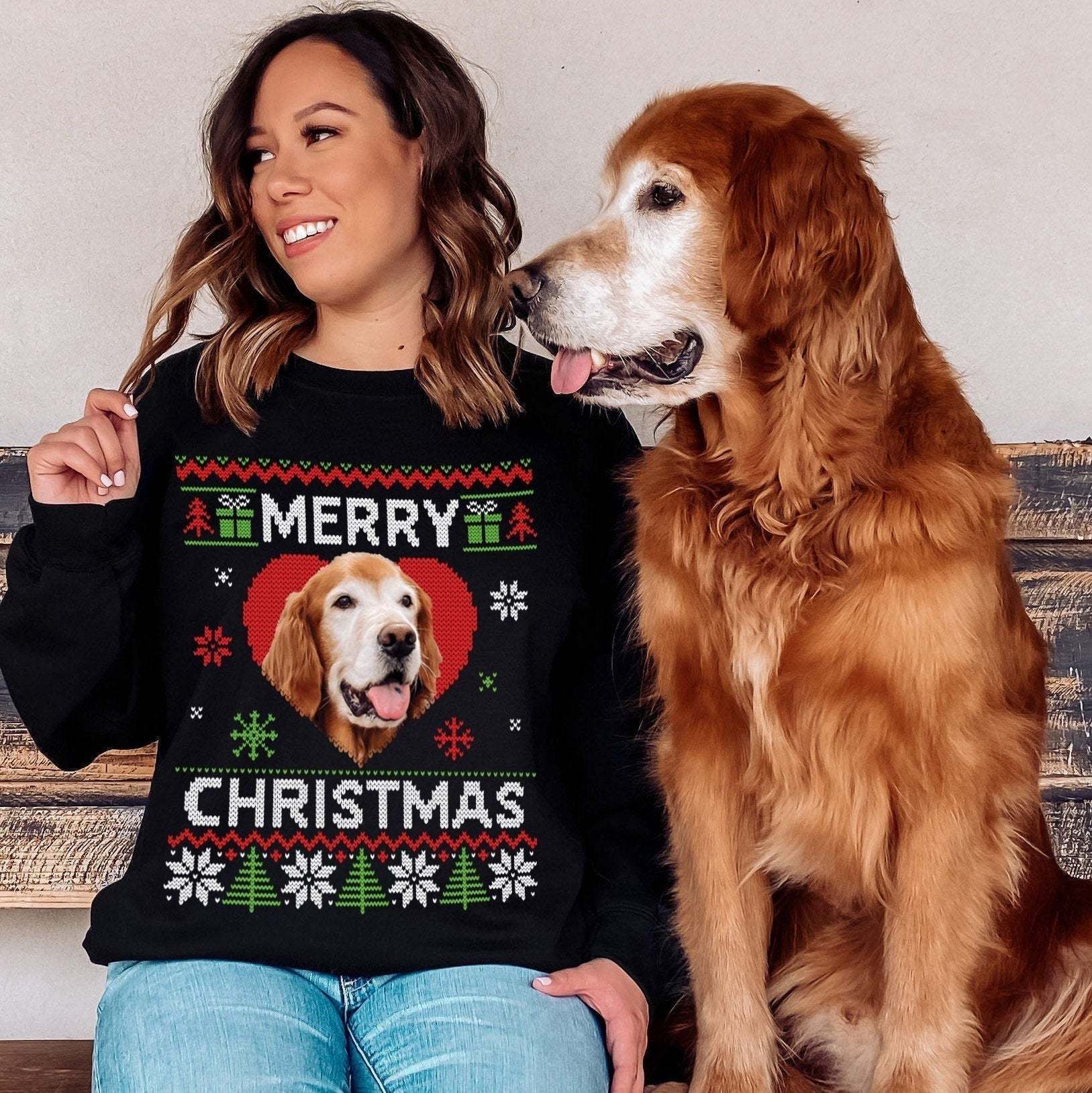 Personalised Christmas fun jumper sweater | Womens Mens Kids black crewneck sweatshirt | Add custom dog cat rabbit pet photo face picture-ilovevango
