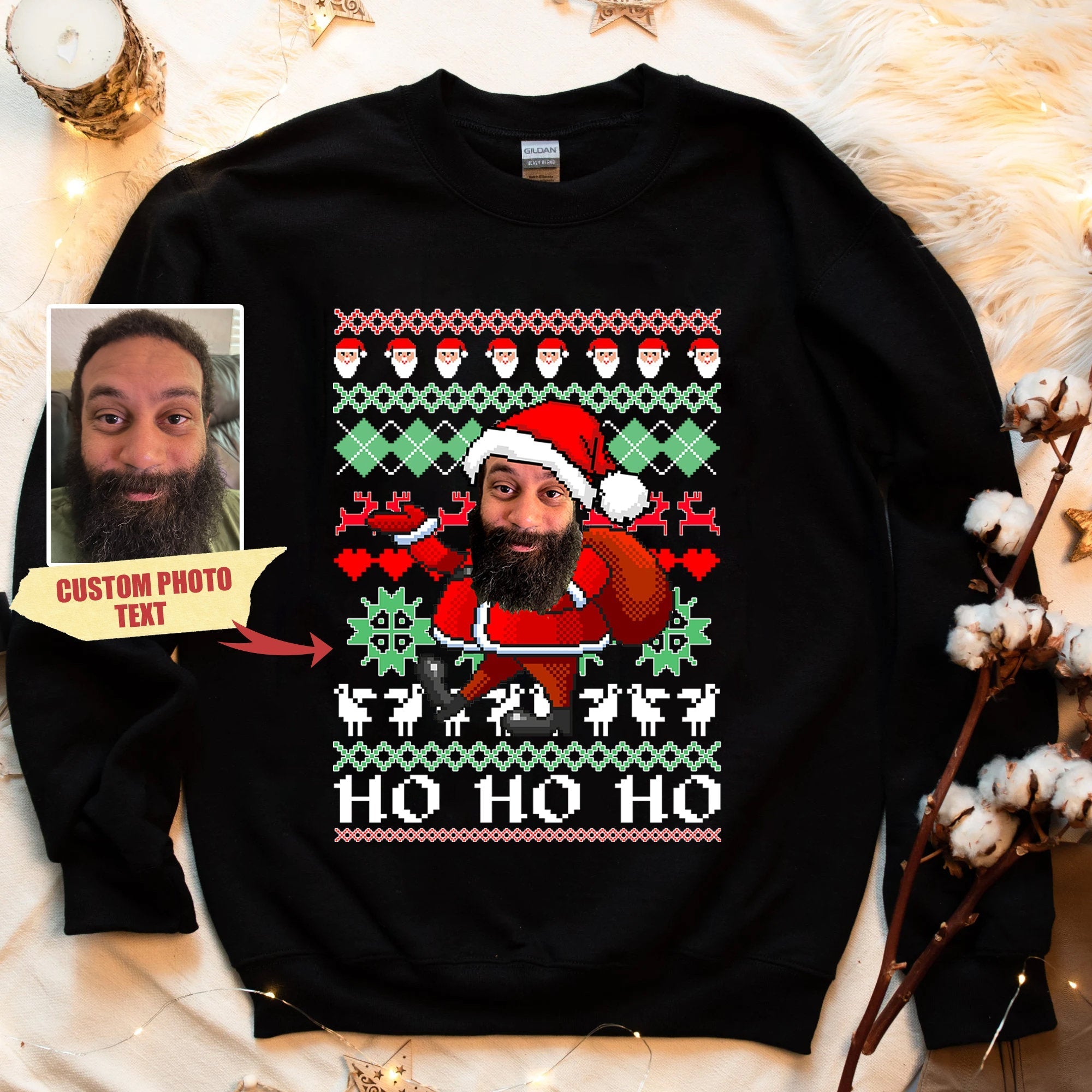 Custom Photo Face Christmas Sweatshirt, Custom Santa Sweatshirt for Christmas, Custom Text Sweatshirt Ugly Christmas Sweater with Picture-ilovevango