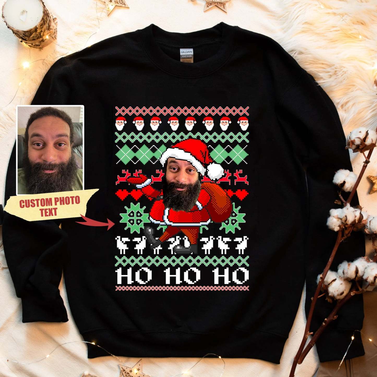 Custom Photo Face Christmas Sweatshirt, Custom Santa Sweatshirt for Christmas, Custom Text Sweatshirt Ugly Christmas Sweater with Picture-ilovevango