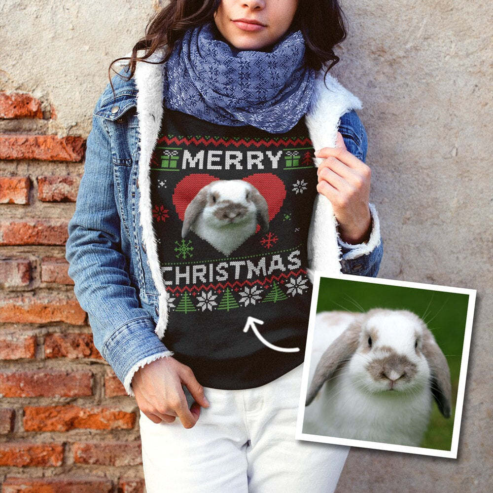 Personalised Christmas fun jumper sweater | Womens Mens Kids black crewneck sweatshirt | Add custom dog cat rabbit pet photo face picture-ilovevango