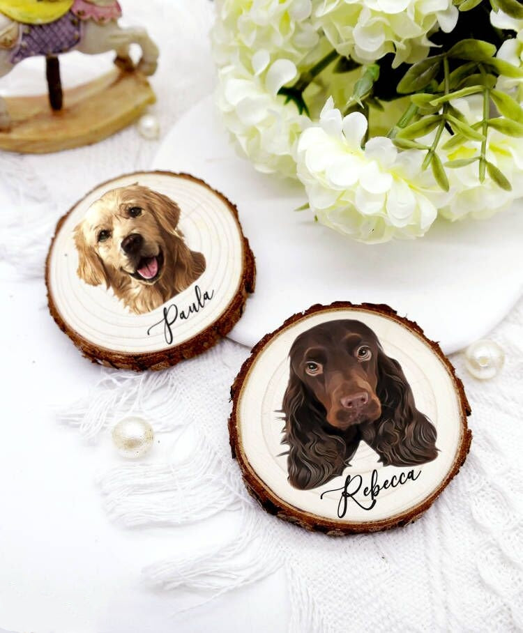 Custom Pet Portrait Wood Slice Decoration Ornament | Rustic Pet Wood Slice | Pet Photo with the Wood Slice | Dog Cat Memorial Gift-ilovevango