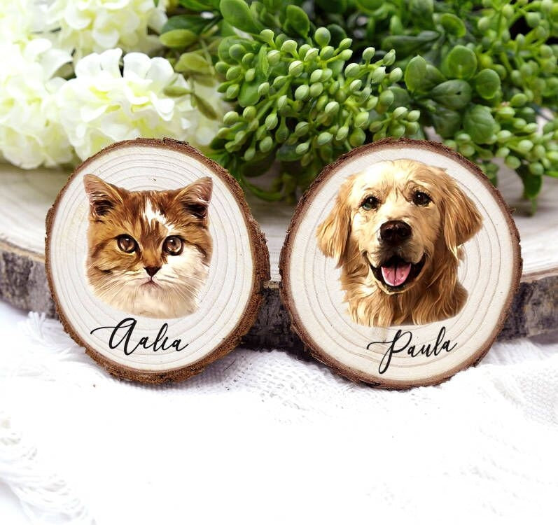Custom Pet Portrait Wood Slice Decoration Ornament | Rustic Pet Wood Slice | Pet Photo with the Wood Slice | Dog Cat Memorial Gift-ilovevango