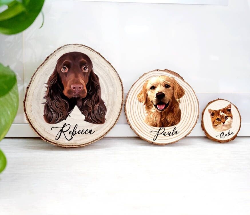 Custom Pet Portrait Wood Slice Decoration Ornament | Rustic Pet Wood Slice | Pet Photo with the Wood Slice | Dog Cat Memorial Gift-ilovevango