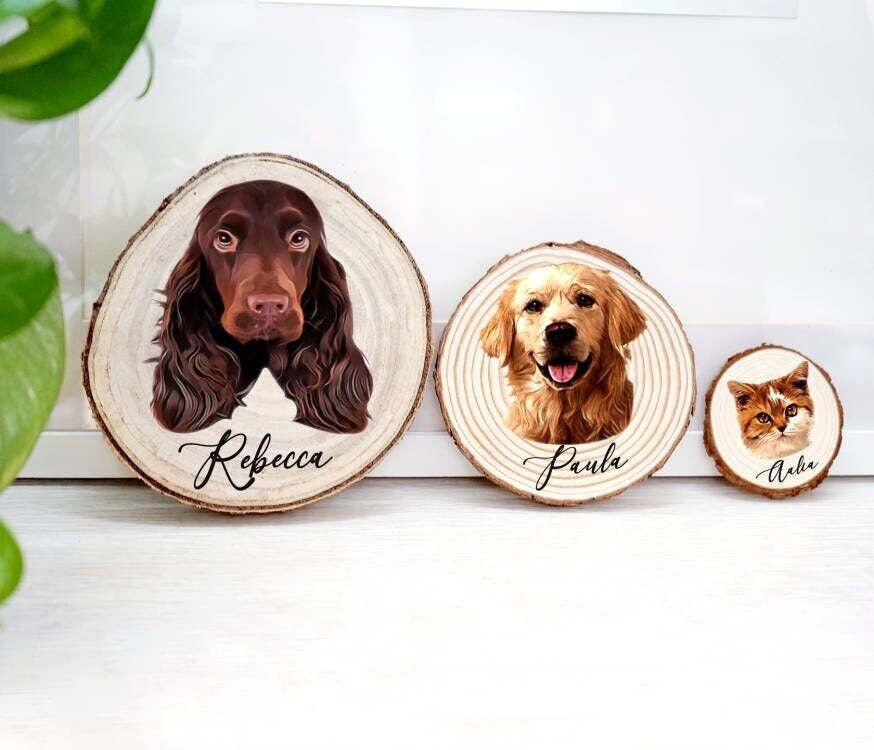 Custom Pet Portrait Wood Slice Decoration Ornament | Rustic Pet Wood Slice | Pet Photo with the Wood Slice | Dog Cat Memorial Gift-ilovevango