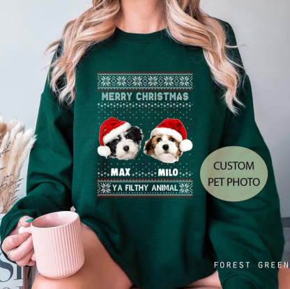 Custom Pet Photo Christmas Sweatshrit, Animal Sweatshirt, Custom Ugly Christmas Sweatshirt, Custom Dog Pet Christmas Sweatshirt-ilovevango
