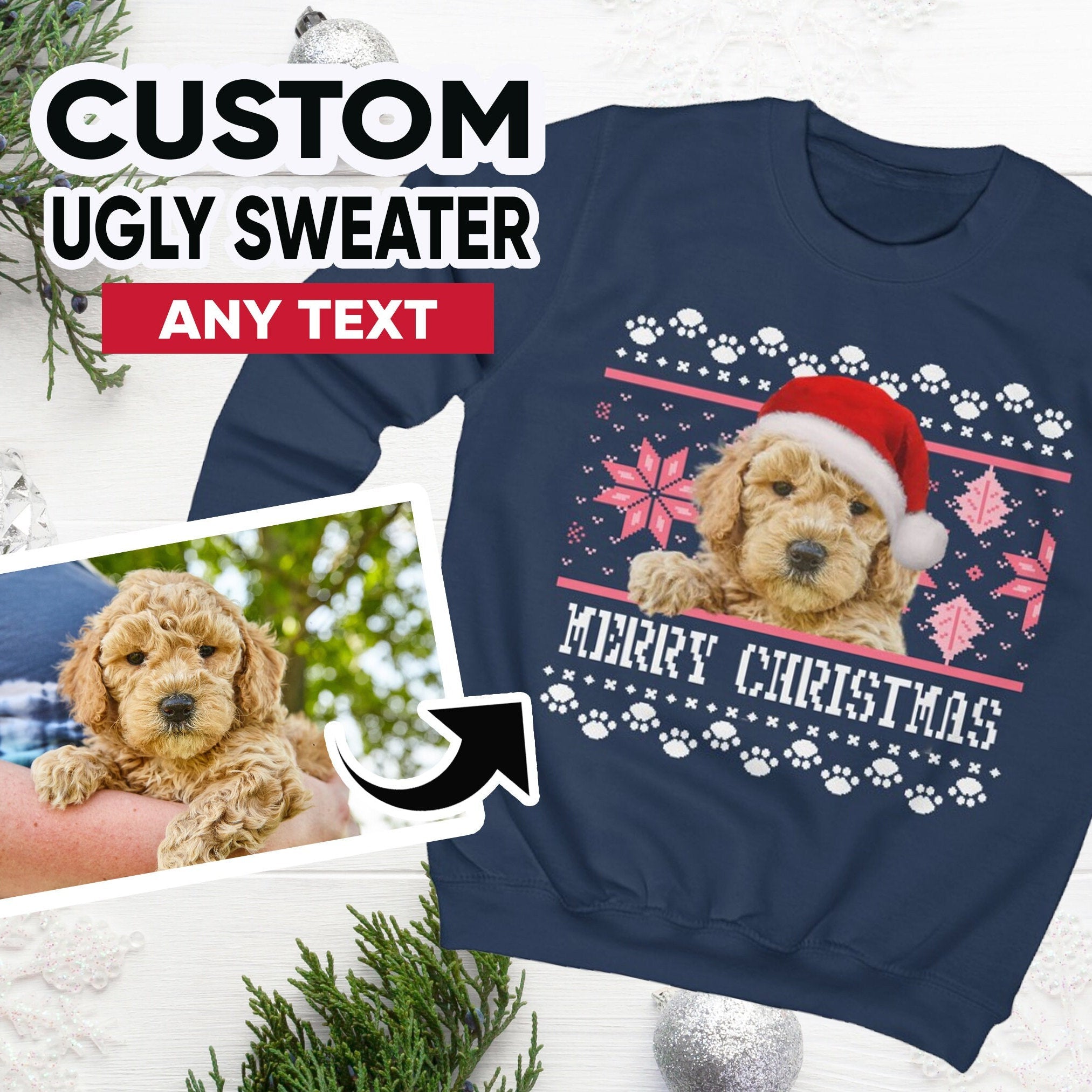 Kids Ugly Christmas Sweater, Custom Santa Claus Dog Ugly Christmas Sweatshirt, Personalised Face Sweatshirt, Santa Hat Ugly Pullover-ilovevango