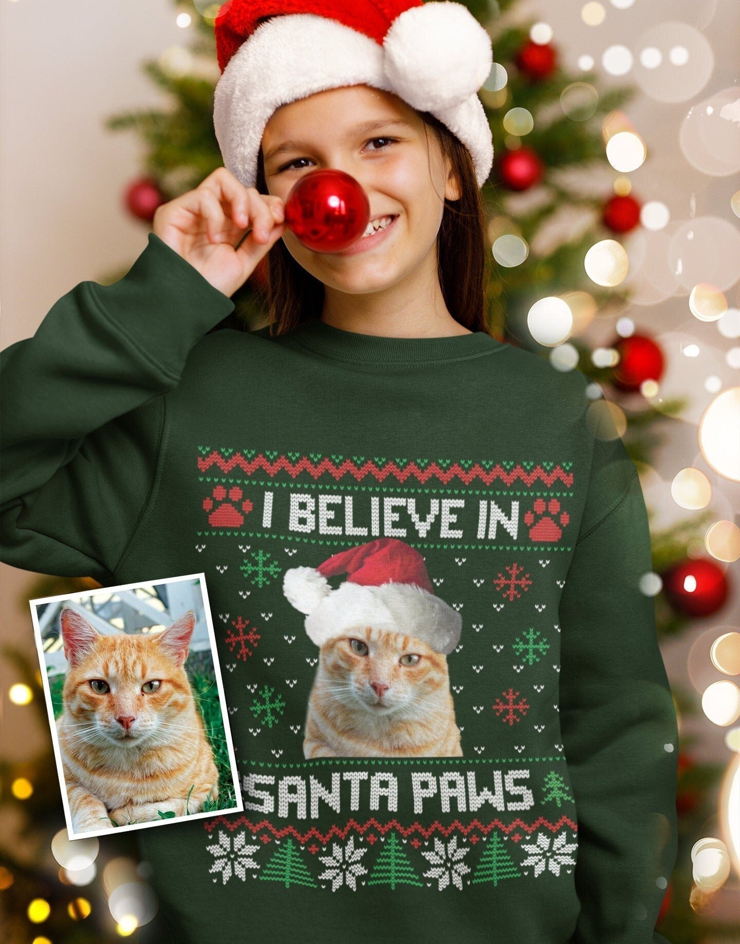 I Believe in Santa Paws Cute Fun Personalised Ugly Christmas Jumper Sweater Sweatshirt. Add Dog Cat Rabbit Pet Face Photo-ilovevango