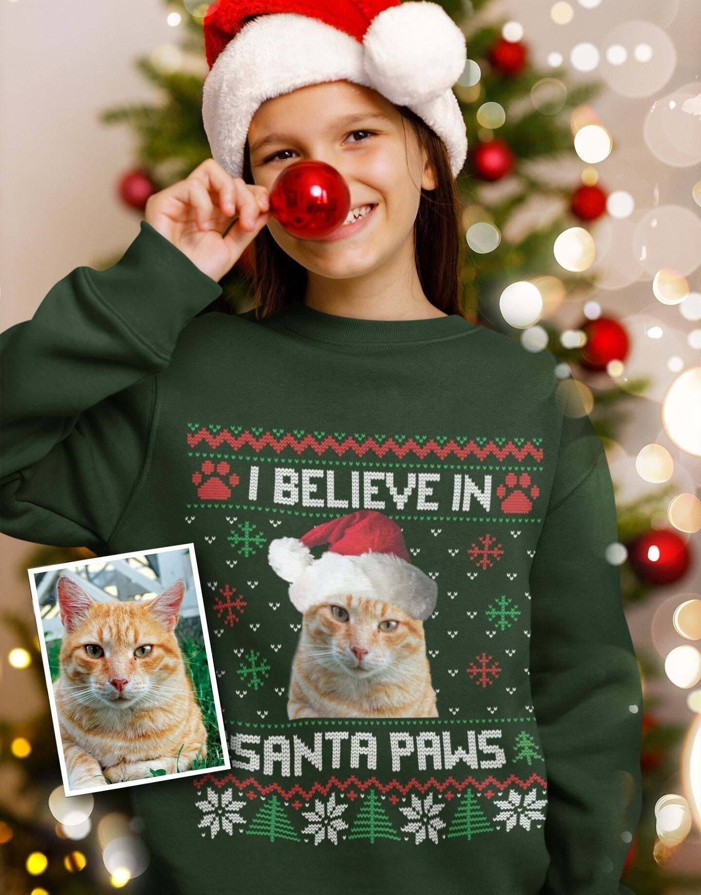I Believe in Santa Paws Cute Fun Personalised Ugly Christmas Jumper Sweater Sweatshirt. Add Dog Cat Rabbit Pet Face Photo-ilovevango
