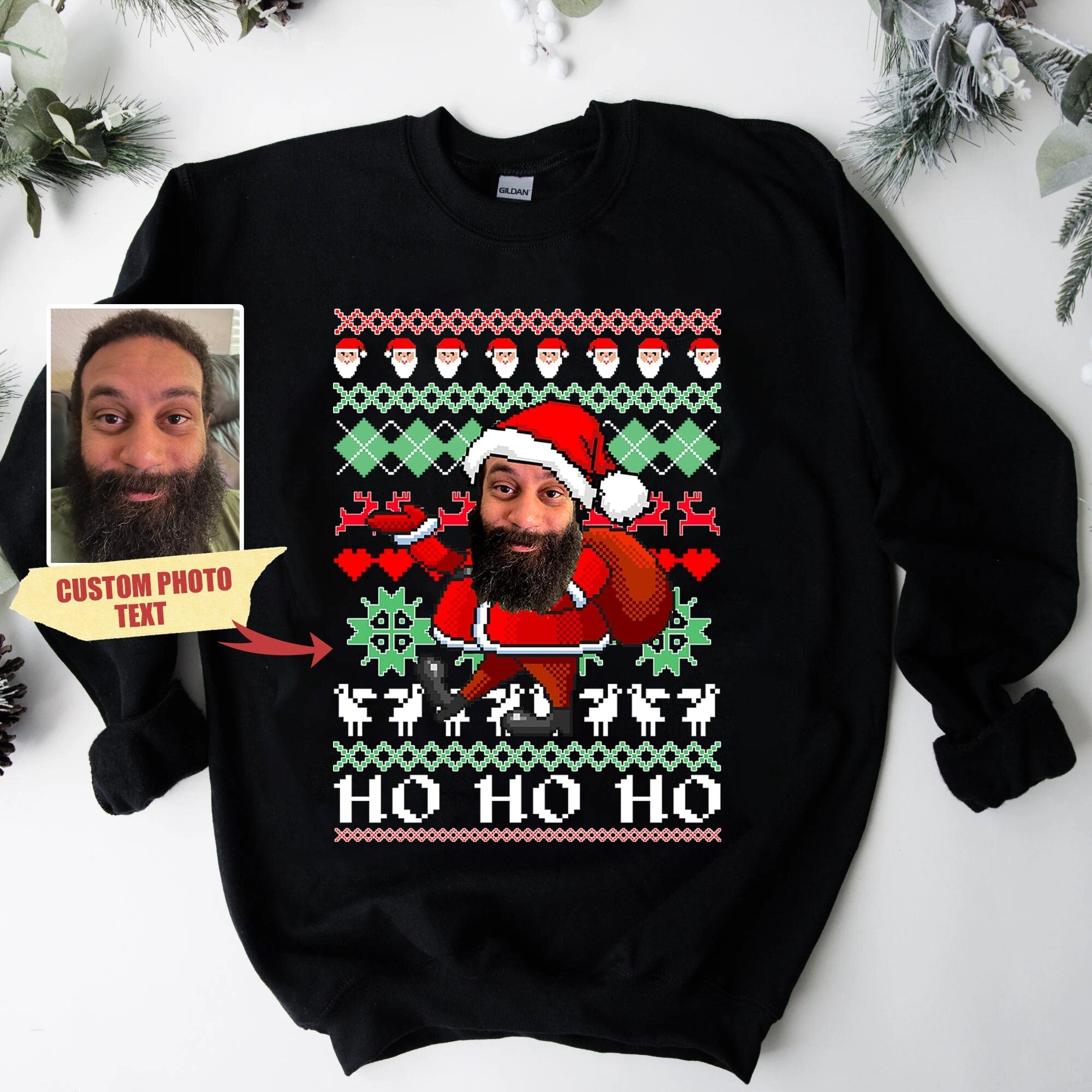 Custom Photo Face Christmas Sweatshirt, Custom Santa Sweatshirt for Christmas, Custom Text Sweatshirt Ugly Christmas Sweater with Picture-ilovevango