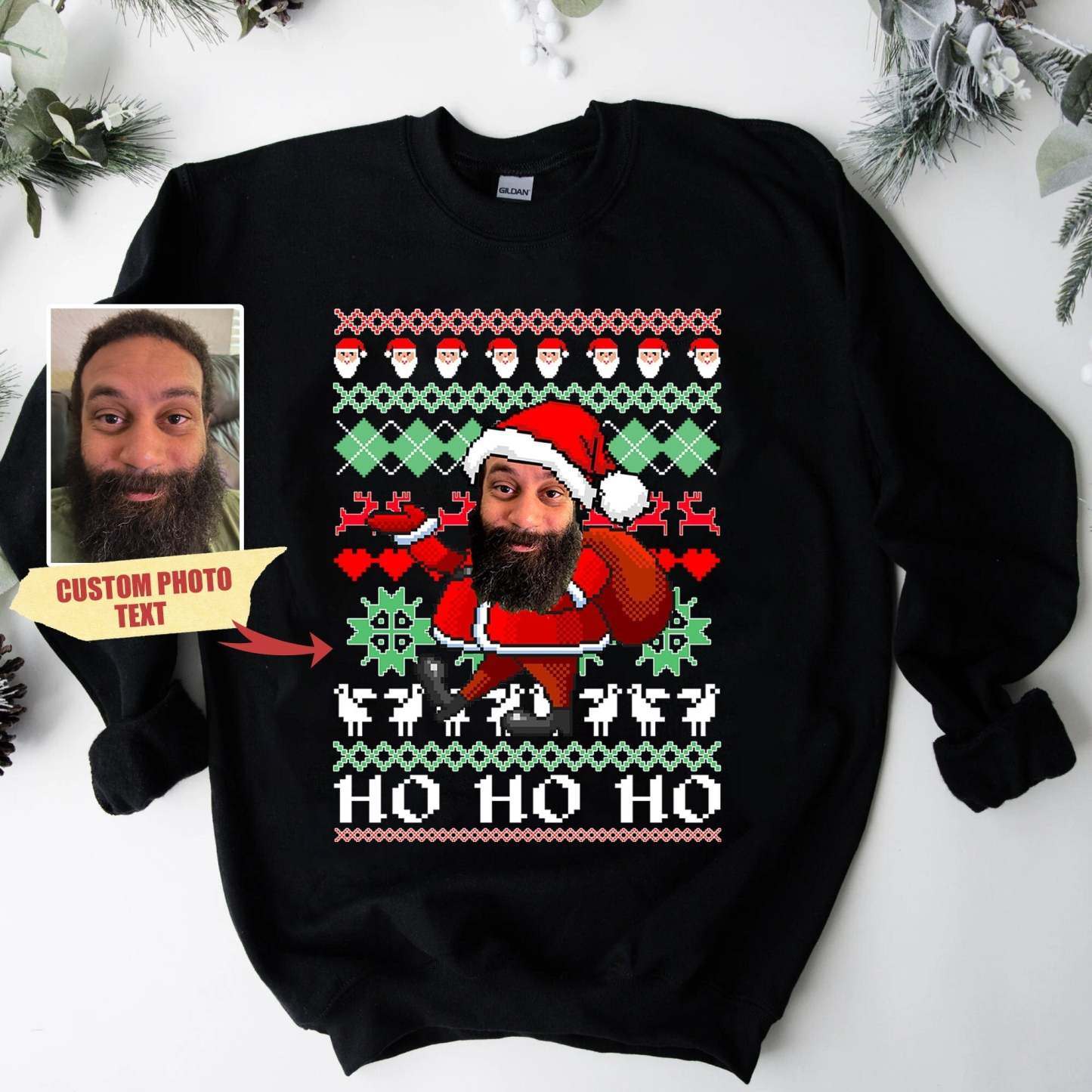 Custom Photo Face Christmas Sweatshirt, Custom Santa Sweatshirt for Christmas, Custom Text Sweatshirt Ugly Christmas Sweater with Picture-ilovevango