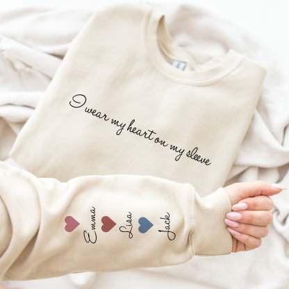 Personalized Mom Sweatshirt With Kid Names,Mom Sweatshirt,I Wear My Heart On My Sleeve,Mama Sweatshirt,Mothers Day Gift,Kids Names On Sleeve-ilovevango