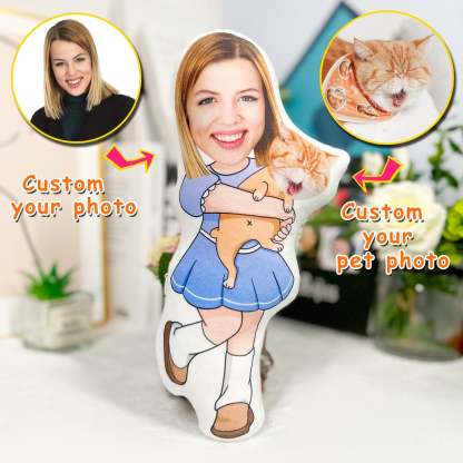 Custom owner and pet photo gift, Human and dog face pillow, Cat photo pillow, Dog image pillow,Cartoon face doll cushion,Gift for pet owner-ilovevango