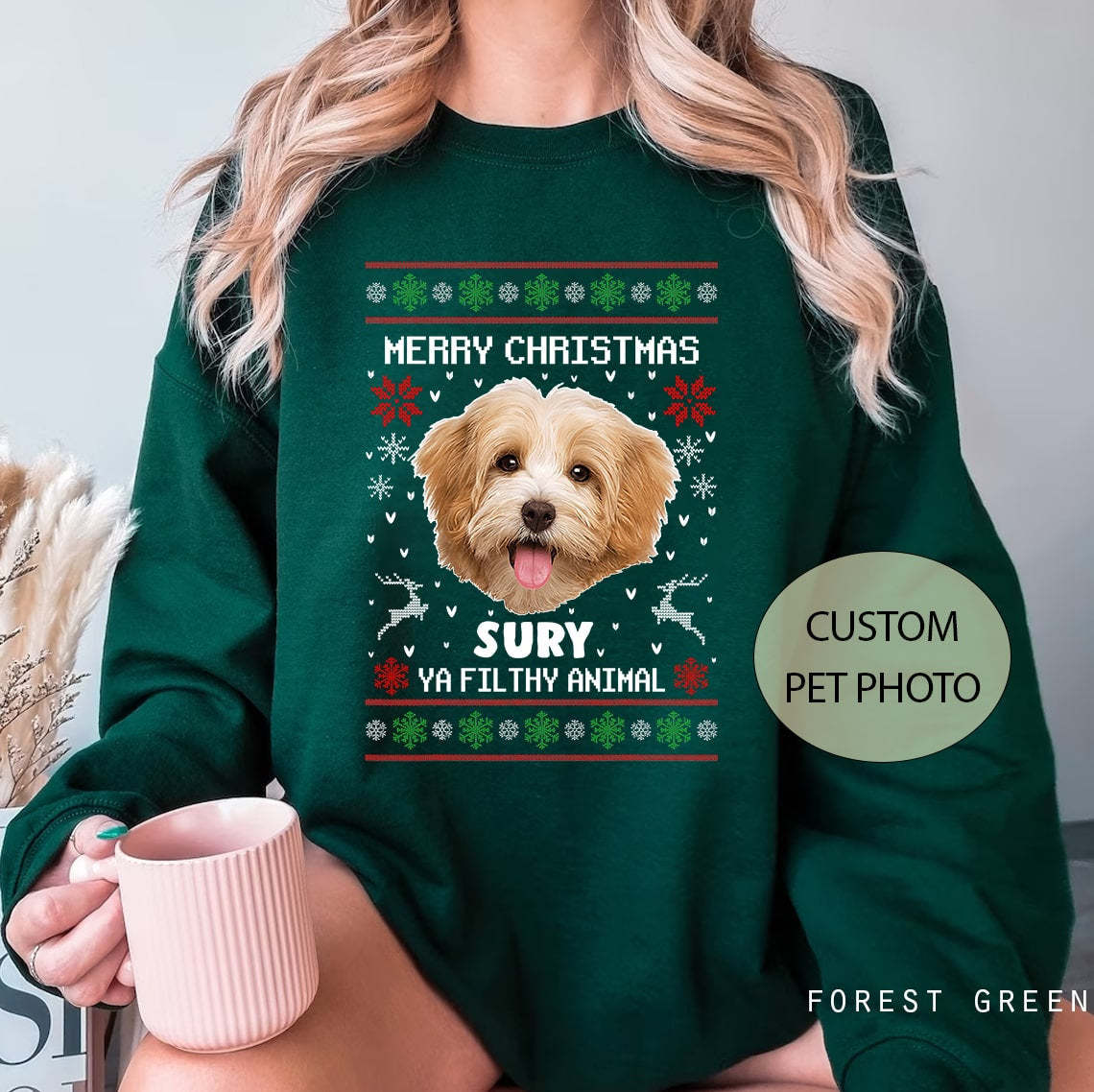 Ya Filthy Animal Animal Sweatshirt, Custom Ugly Christmas Sweatshirt, Custom Dog Pet Christmas, Custom Pet Photo Christmas Sweatshirt-ilovevango