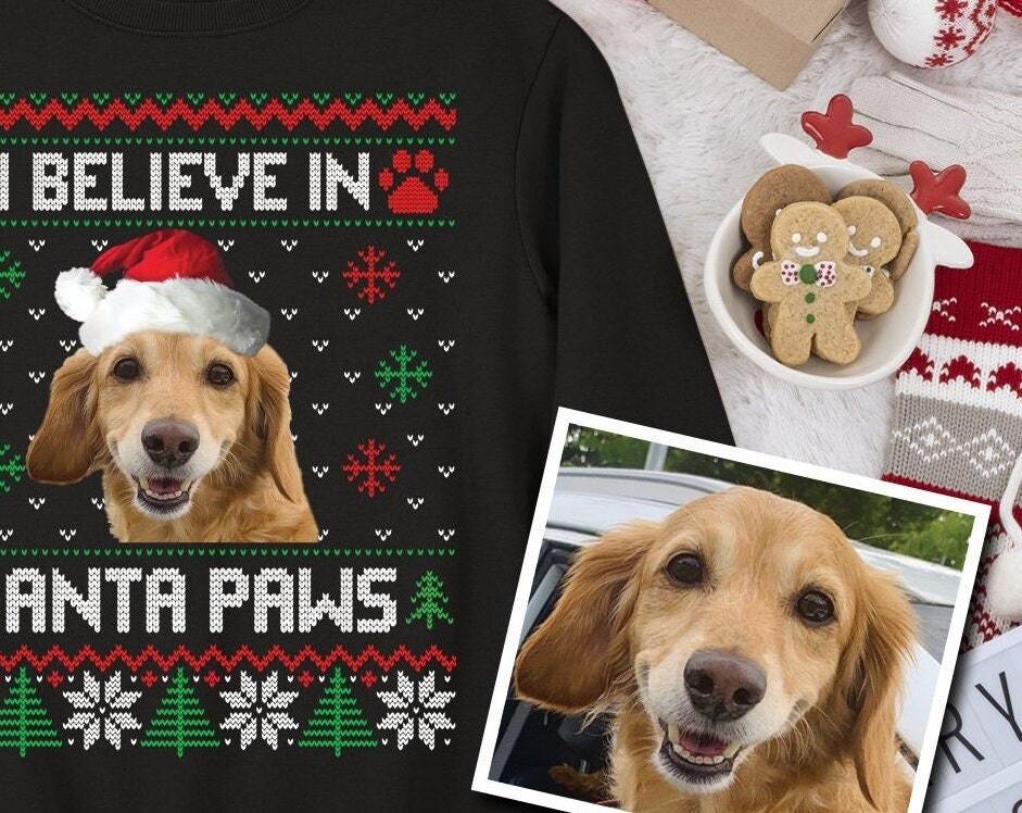 Pet owner I believe in Santa Paws cutomised Christmas holiday jumpers sweaters sweatshirts. Dog cat rabbit face photo. For men women kids-ilovevango
