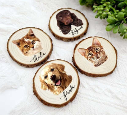 Custom Pet Portrait Wood Slice Decoration Ornament | Rustic Pet Wood Slice | Pet Photo with the Wood Slice | Dog Cat Memorial Gift-ilovevango