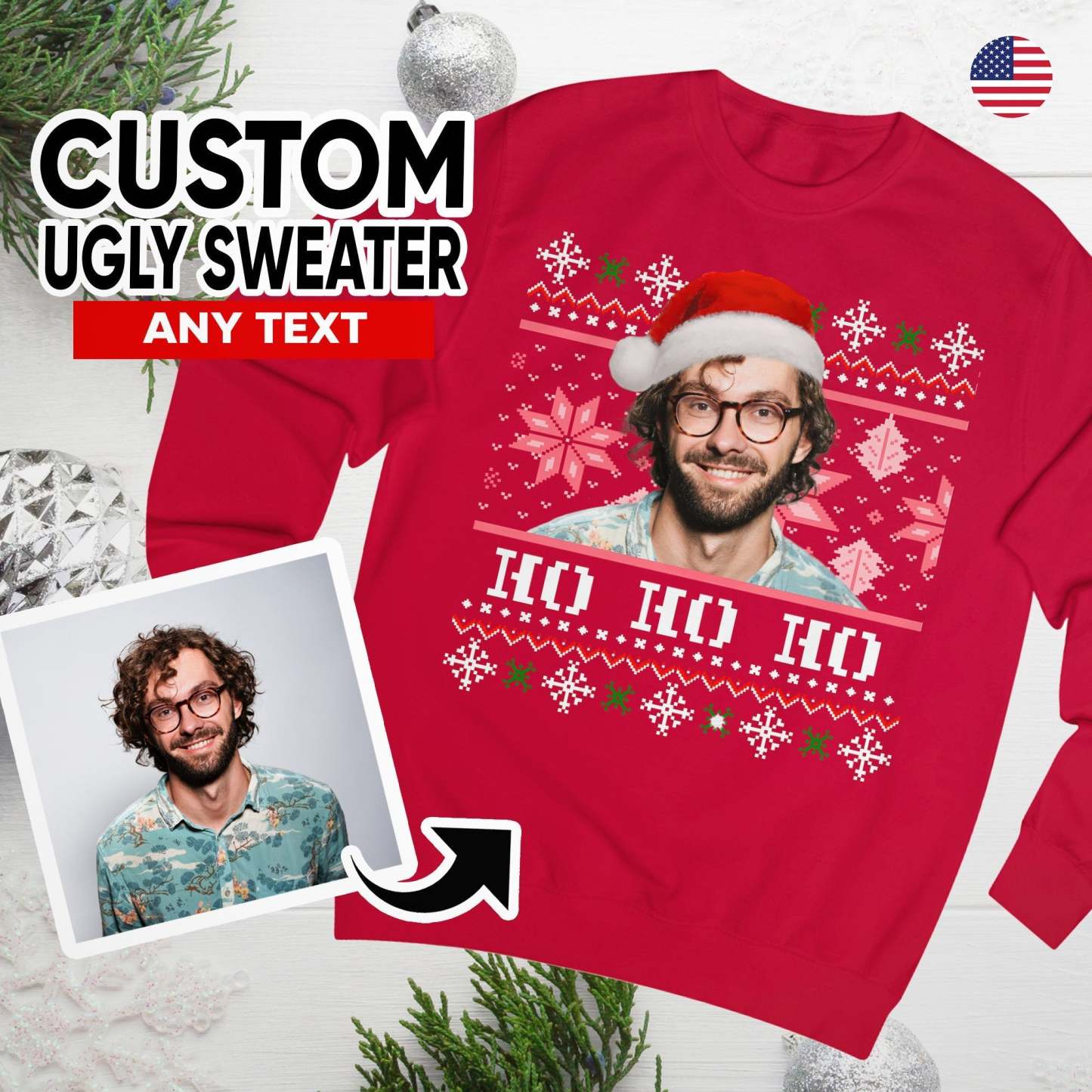Custom Ugly Christmas Sweater, Photo Christmas Sweatshirt, Personalised Face Pullover, Santa Hat Ugly Sweatshirt, Face on Christmas Sweater-ilovevango