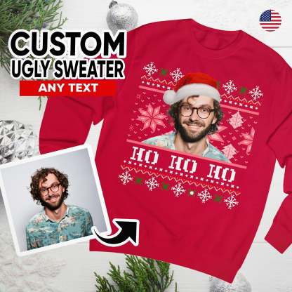 Custom Ugly Christmas Sweater, Photo Christmas Sweatshirt, Personalised Face Pullover, Santa Hat Ugly Sweatshirt, Face on Christmas Sweater-ilovevango