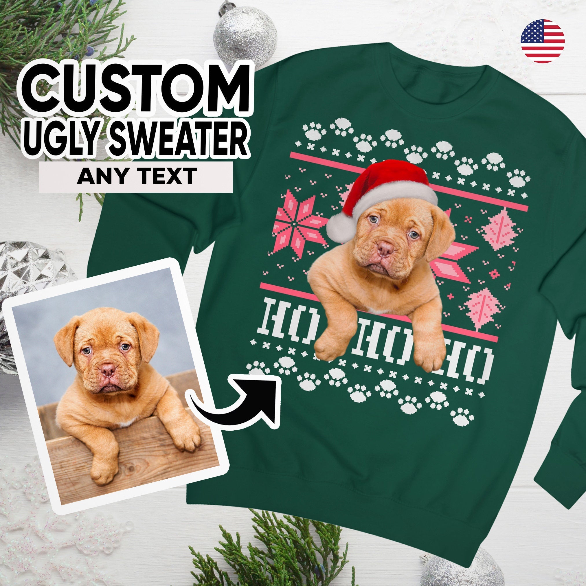 Ugly Christmas Sweatshirt, Custom Dog Ugly Sweater for Christmas, Santa Dog on Christmas Sweater, Personalised Face Pullover, Santa Hat Dog-ilovevango
