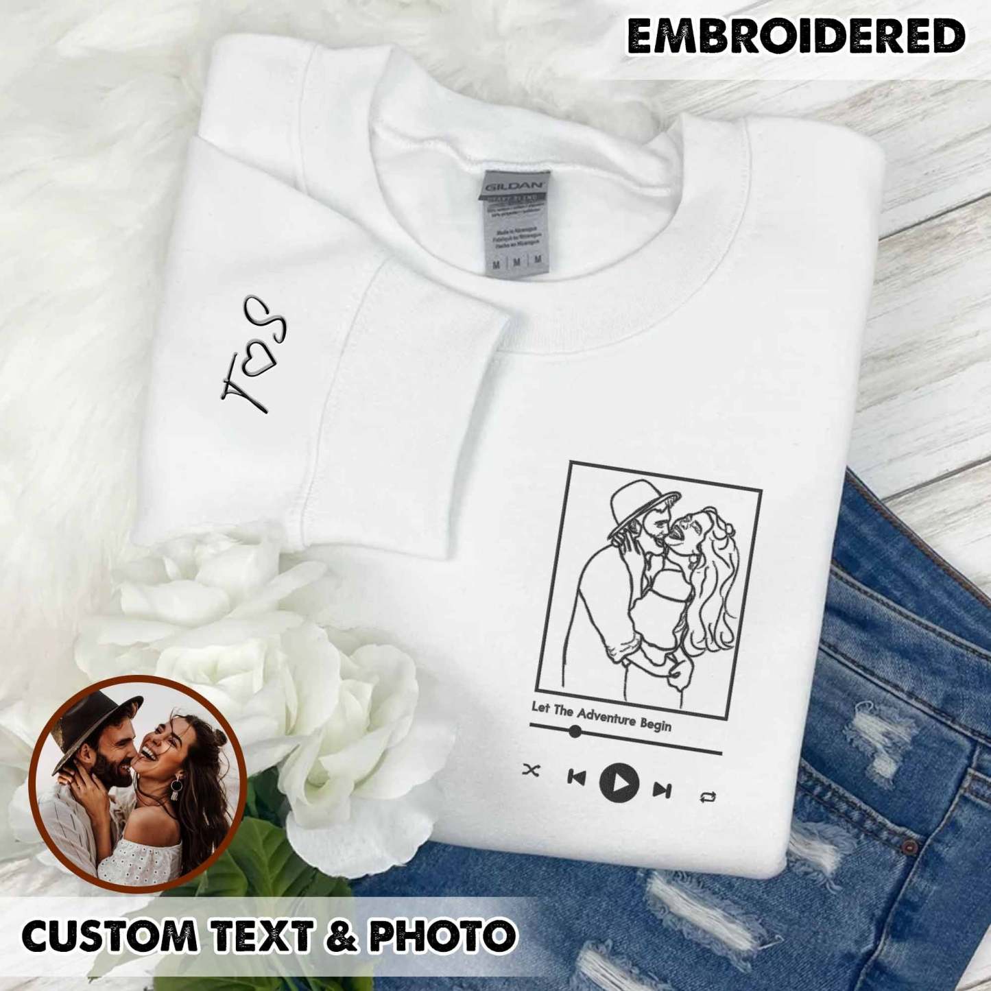 Custom Embroidered Portrait From Photo Sweatshirt, Custom Embroidery Couple Sweatshirt, Custom Couple Sweatshirt, Gift For Him, Gift For Her-ilovevango