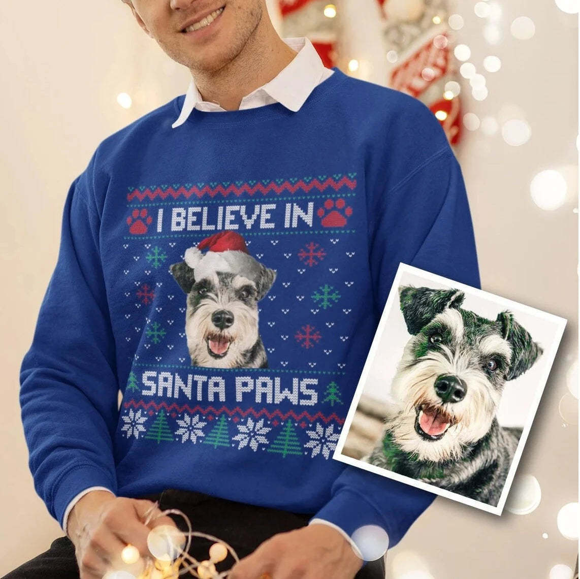 I Believe in Santa Paws Cute Fun Personalised Ugly Christmas Jumper Sweater Sweatshirt. Add Dog Cat Rabbit Pet Face Photo-ilovevango
