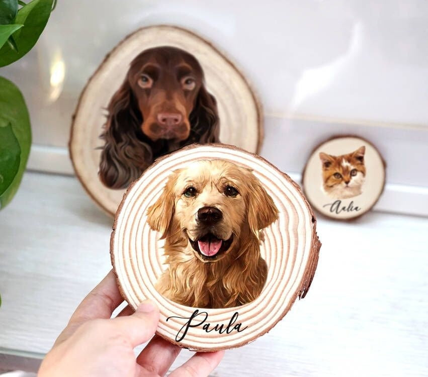 Custom Pet Portrait Wood Slice Decoration Ornament | Rustic Pet Wood Slice | Pet Photo with the Wood Slice | Dog Cat Memorial Gift-ilovevango